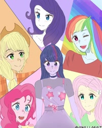 Size: 1080x1350 | Tagged: safe, artist:leoooo, artist:vanilllasalt, applejack, fluttershy, pinkie pie, rainbow dash, rarity, twilight sparkle, alicorn, mlp fim's tenth anniversary, equestria girls, g4, female, happy birthday mlp:fim, humane five, humane six, twilight sparkle (alicorn)