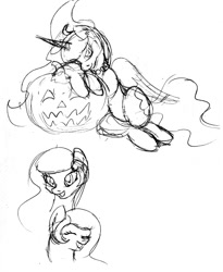 Size: 800x977 | Tagged: safe, artist:emilou1985, princess celestia, princess luna, pony, g4, halloween, holiday, jack-o-lantern, missing horn, monochrome, pumpkin, sketch, traditional art