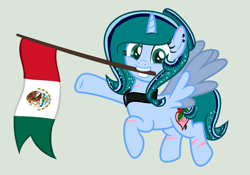 Size: 1410x988 | Tagged: safe, artist:lominicinfinity, oc, oc only, oc:infinity mi rosalinda, alicorn, pony, female, flag, mare, mexico, mouth hold, simple background, solo