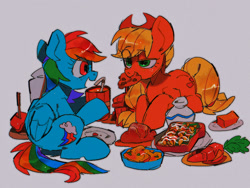 Size: 1200x900 | Tagged: safe, artist:poneko-chan, applejack, rainbow dash, earth pony, pegasus, pony, g4, bread, carrot, cookie, crumbs, digital art, drink, duo, eating, female, folded wings, food, freckles, gray background, hat, herbivore, lesbian, looking at each other, lying down, mare, mouth hold, multicolored mane, open mouth, plate, raised hoof, ship:appledash, shipping, simple background, sitting, straw, wings