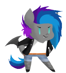 Size: 1027x1136 | Tagged: safe, artist:amberluvsbugs, oc, oc:lyssa, bat pony, anthro, animated, chibi, clothes, dancing, denim shorts, fangs, female, gif, helltaker, jacket, leather jacket, loop, shirt, shorts, simple background, socks, solo, stockings, thigh highs, torn clothes, transparent background, vitality dance