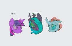 Size: 1458x936 | Tagged: safe, artist:poneko-chan, ocellus, queen chrysalis, twilight sparkle, changeling, changeling queen, pony, g4, female, head only, simple background, white background