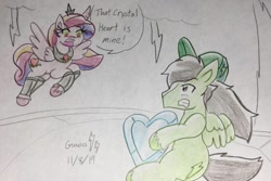 Size: 1092x731 | Tagged: safe, artist:gamerblitz77, artist:gmangamer25, princess cadance, oc, oc only, oc:blitz, alicorn, pegasus, pony, umbrum, g4, the crystal empire, alternate character interpretation, alternate cutie mark, alternate scenario, alternate universe, boots, clothes, cloud, corruptance, corrupted, corrupted cadance, crystal empire, crystal heart, crystal palace, dark magic, dark queen, evil cadance, fangs, female, gorget, hoof shoes, jewelry, lightning, magic, male, mare, peytral, possessed, possession, queen cadance, regalia, role reversal, shoes, simple background, solo, sombra eyes, speech bubble, tiara, traditional art, tyrant cadance, unshorn fetlocks, white background, word bubble