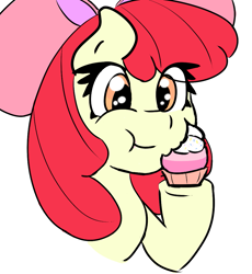 Size: 975x1062 | Tagged: safe, artist:nozukz, apple bloom, earth pony, pony, g4, adorabloom, cupcake, cute, drawthread, eating, female, filly, food, simple background, solo, white background