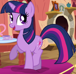 Size: 540x524 | Tagged: safe, screencap, twilight sparkle, pony, unicorn, g4, spike at your service, cropped, cup, female, golden oaks library, mare, pillow, solo, teacup, unicorn twilight