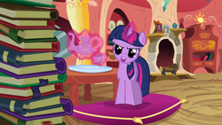 Size: 1280x720 | Tagged: safe, screencap, twilight sparkle, pony, unicorn, g4, spike at your service, book, cup, female, food, golden oaks library, mare, pillow, smiling, smirk, solo, tea, teacup, teapot, unicorn twilight