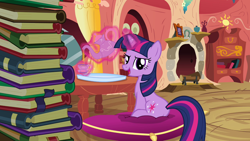 Size: 1280x720 | Tagged: safe, screencap, twilight sparkle, pony, unicorn, g4, spike at your service, book, cup, female, golden oaks library, mare, pillow, solo, teacup, teapot, unicorn twilight