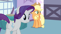 Size: 1280x720 | Tagged: safe, screencap, applejack, rarity, earth pony, pony, unicorn, g4, spike at your service, butt, female, mare, plot