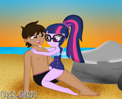 Size: 1669x1356 | Tagged: safe, artist:cyber-murph, sci-twi, twilight sparkle, oc, equestria girls, equestria girls series, g4, beach, canon x oc, clothes, commission, cute, glasses, hands on shoulder, kiss mark, lidded eyes, lipstick, ocean, ponytail, rock, signature, sitting, sunset, swimsuit