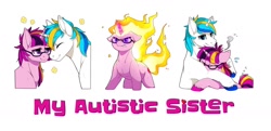 Size: 1280x620 | Tagged: safe, artist:mr-tiaa, artist:starponys87, oc, oc only, oc:nightlight, oc:nightlight sparkleheart, oc:white night, oc:white night shiningheart, pony, unicorn, asperger's syndrome, autism, autism spectrum disorder, bbbff, best friends, bff, big brother, crying, female, fire, geek, glasses, horn, hug, little sister, male, mane on fire, mare, nerd, neurodivergent, neurotypical, not shining armor, not twilight sparkle, nuzzling, shirt, stallion
