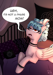 Size: 2126x3000 | Tagged: safe, artist:alicetriestodraw, cozy glow, pegasus, pony, g4, bed, choker, ear piercing, earring, eyeliner, fishnets, funny, goth, high res, it's a phase, it's not a phase, jewelry, lying down, makeup, on bed, piercing, prone, solo, spiked choker, spiked wristband, teenager, wristband