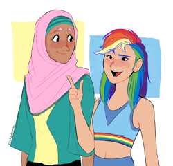 Size: 2396x2299 | Tagged: safe, artist:syrupyyy, fluttershy, rainbow dash, human, g4, alternate hairstyle, belly button, blushing, clothes, comments locked down, dark skin, diversity, duo, female, graveyard of comments, high res, hijab, humanized, islam, islamashy, midriff, open mouth, religion, shirt, shorts, sports bra, sports shorts