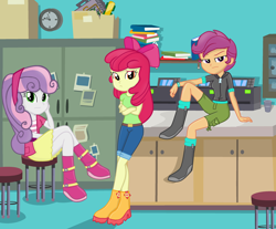 Size: 3192x2648 | Tagged: safe, artist:grapefruitface1, apple bloom, scootaloo, sweetie belle, equestria girls, g4, armband, base used, belt, book, boots, clothes, crossed legs, cutie mark crusaders, female, high res, hoodie, jeans, looking at you, office, pants, shirt, shoes, show accurate, skirt, table, trio, trio female, updated, zipper
