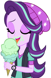 Size: 5269x7944 | Tagged: safe, artist:famousmari5, starlight glimmer, equestria girls, equestria girls specials, g4, my little pony equestria girls: mirror magic, absurd resolution, beanie, clothes, dessert, eyes closed, female, food, hat, ice cream, ice cream cone, licking, open mouth, simple background, solo, tongue out, transparent background, vector, vest, watch, wristwatch