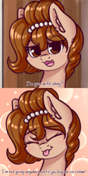 Size: 1024x2048 | Tagged: safe, artist:dsp2003, oc, oc only, oc:brownie bun, earth pony, pony, :p, abstract background, blushing, comic, cute, female, mare, meme, ocbetes, parody, ponified meme, tongue out