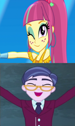 Size: 1280x2154 | Tagged: safe, edit, edited screencap, screencap, clayton potter, larry cooper, sour sweet, equestria girls, equestria girls specials, g4, my little pony equestria girls: dance magic, my little pony equestria girls: friendship games, female, male, one eye closed, ship:claytonsweet, shipping, shipping domino, straight, wink