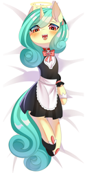 Size: 2816x5668 | Tagged: safe, artist:alus, oc, oc:seven sister, pony, unicorn, blushing, body pillow, clothes, collar, dakimakura cover, female, halo, looking at you, maid, open mouth, smiling, solo
