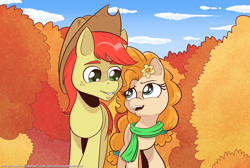 Size: 2000x1341 | Tagged: safe, artist:saturdaymorningproj, bright mac, pear butter, g4, autumn, clothes, cloud, cowboy hat, flower, flower in hair, hat, open mouth, scarf, sky, tree, walking