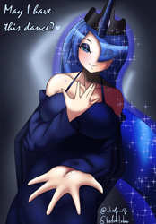 Size: 2053x2943 | Tagged: safe, artist:chiefyaero, princess luna, human, g4, blushing, breasts, bronybait, busty princess luna, crown, eye clipping through hair, hair over one eye, hand, high res, horn, horned humanization, humanized, jewelry, looking at you, regalia, talking to viewer