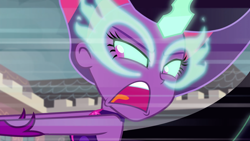 Size: 1920x1080 | Tagged: safe, screencap, sci-twi, twilight sparkle, equestria girls, g4, my little pony equestria girls: friendship games, bare shoulders, midnight sparkle, open mouth, screaming, sleeveless, solo, strapless, yelling