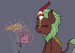 Size: 1779x1260 | Tagged: safe, artist:pinkberry, cinder glow, summer flare, kirin, g4, broken glass, coffee, coffee mug, dead inside, eyes closed, female, glowing horn, horn, magic, mug, regret, solo, spilled drink, steam, thermal shock, this will end in nirik, tired