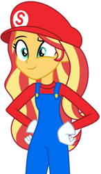 Size: 1024x1756 | Tagged: safe, artist:emeraldblast63, sunset shimmer, equestria girls, g4, cap, clothes, clothes swap, cosplay, costume, crossover, gloves, halloween, hat, holiday, long sleeved shirt, long sleeves, male, mario, mario's hat, overalls, shirt, simple background, solo, super mario bros., transparent background, undershirt