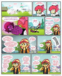 Size: 740x912 | Tagged: safe, artist:crydius, apple bloom, sunset shimmer, oc, oc:ardent (crydius), oc:eldritch, oc:feral (crydius), gynoid, comic:the first year's dodgeball competition, equestria girls, g4, blushing, comic, female, glowing eyes, implied sci-twi, jumping, offspring, open mouth, parent:oc:crydius, parent:tempest shadow, parents:canon x oc, parents:crydiusshadow, this will end in a night on the couch, this will end in tears, tripping over words