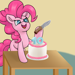Size: 4000x4000 | Tagged: safe, artist:yelowcrom, pinkie pie, earth pony, pony, mlp fim's tenth anniversary, g4, cake, cute, cute little fangs, evil smile, fangs, female, food, happy birthday mlp:fim, knife, mare, smiling, smirk, table