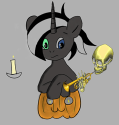 Size: 642x675 | Tagged: safe, oc, oc only, pony, derpibooru, candle, halloween, heterochromia, holiday, musical instrument, pumpkin, skull, trumpet