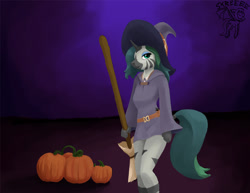 Size: 1200x927 | Tagged: safe, artist:warskunk, oc, oc only, oc:forest glade, hybrid, zebra, zebracorn, zony, anthro, belt, broom, clothes, costume, eyelashes, eyeshadow, female, halloween, hat, holiday, lidded eyes, looking at you, makeup, painting, pumpkin, robe, short shirt, signature, smiling, solo, thighs, witch, witch hat