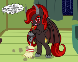 Size: 2570x2056 | Tagged: safe, artist:badumsquish, derpibooru exclusive, part of a set, oc, oc only, oc:kim stone, bat pony, demon, demon pony, monster pony, original species, pony, angry, bat wings, bipedal, blushing, brimstone, broom, chores, claws, couch, curtains, darkness, demon wings, dialogue, dirt, dust, female, fire, fire breath, folded wings, forked tongue, glare, high res, hoof hold, horns, looking at you, magic, magic circle, pentagram, ponytail, rain, red eyes, sharp teeth, solo, storm, summoning, summoning circle, sweeping, talking to viewer, teeth, unshorn fetlocks, window, wing claws, wings, yelling