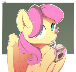 Size: 2535x2384 | Tagged: safe, artist:nookprint, fluttershy, pegasus, pony, g4, adorascotch, apple juice, bendy straw, butterscotch, cute, drinking, drinking straw, high res, juice, juice box, looking at you, male, rule 63, rule63betes, shyabetes, solo, stallion