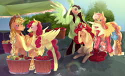 Size: 1800x1097 | Tagged: safe, artist:bunnari, applejack, strawberry sunrise, oc, oc:apple berry, oc:pina colada (ice1517), oc:white lilly, earth pony, pegasus, pony, icey-verse, g4, alternate hairstyle, apple, applejack's hat, applerise, barrel, bedroom eyes, bipedal, blouse, blushing, bush, clothes, commission, cowboy hat, ear piercing, earring, embarrassed, eyebrow piercing, eyes closed, eyeshadow, facehoof, family, female, flying, food, freckles, glasses, grin, hat, hear no evil, hoof hold, jewelry, lesbian, magical lesbian spawn, makeup, mare, markings, mother and child, mother and daughter, offspring, parent:applejack, parent:strawberry sunrise, parents:applerise, piercing, pineapple, raised hoof, rock, rope, see no evil, shipping, shirt, shorts, siblings, sisters, sitting, smiling, socks, speak no evil, stall, stockings, strawberry, sweat, sweatdrop, sweatdrops, tattoo, thigh highs, three wise monkeys, wall of tags