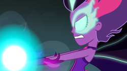 Size: 1920x1080 | Tagged: safe, screencap, sci-twi, twilight sparkle, equestria girls, g4, my little pony equestria girls: friendship games, angry, bare shoulders, blast, female, glowing eyes, magic, magic blast, midnight sparkle, sleeveless, solo, strapless