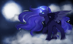 Size: 2560x1556 | Tagged: safe, artist:liefsong, princess luna, alicorn, pony, mlp fim's tenth anniversary, g4, alternate design, cloud, happy birthday mlp:fim, magic, moon, redraw, solo, unshorn fetlocks