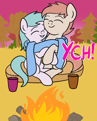 Size: 1536x1928 | Tagged: safe, artist:lannielona, pony, advertisement, autumn, campfire, clothes, commission, cuddling, drink, evening, eyes closed, female, grass, hug, male, mare, scarf, stallion, tree, your character here