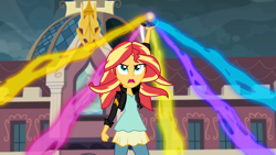 Size: 1920x1080 | Tagged: safe, screencap, sunset shimmer, equestria girls, g4, my little pony equestria girls: friendship games, female, floating, frown, glare, lightning, magic, magic capture device, open mouth, solo, talking
