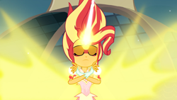 Size: 1920x1080 | Tagged: safe, screencap, sunset shimmer, equestria girls, g4, my little pony equestria girls: friendship games, bare shoulders, blast, crossed arms, daydream shimmer, energy blast, eyes closed, female, magic, magic blast, sleeveless, solo, strapless