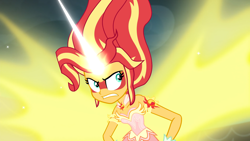Size: 1920x1080 | Tagged: safe, screencap, sunset shimmer, equestria girls, g4, my little pony equestria girls: friendship games, bare shoulders, canterlot high, daydream shimmer, female, glare, gritted teeth, horn, sleeveless, solo, strapless, wings