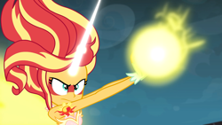 Size: 1920x1080 | Tagged: safe, screencap, sunset shimmer, equestria girls, g4, my little pony equestria girls: friendship games, bare shoulders, blast, canterlot high, daydream shimmer, female, glare, horn, magic, magic blast, sleeveless, solo, strapless, wings