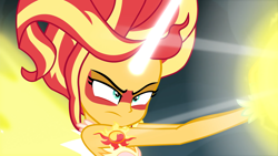 Size: 1920x1080 | Tagged: safe, screencap, sunset shimmer, equestria girls, g4, my little pony equestria girls: friendship games, bare shoulders, blast, daydream shimmer, female, horn, magic, magic blast, sleeveless, solo, strapless