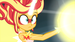 Size: 1920x1080 | Tagged: safe, screencap, sunset shimmer, equestria girls, g4, my little pony equestria girls: friendship games, bare shoulders, blast, daydream shimmer, female, horn, magic, magic blast, sleeveless, solo, strapless, surprised