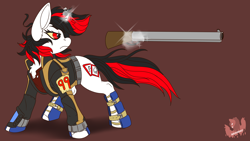 Size: 3840x2160 | Tagged: source needed, safe, artist:brainiac, oc, oc only, oc:blackjack, pony, unicorn, fallout equestria, fallout equestria: project horizons, bottomless, clothes, fanfic art, flowing tail, gun, high res, leg brace, levitation, magic, partial nudity, solo, telekinesis, weapon
