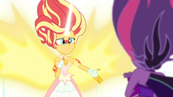 Size: 1920x1080 | Tagged: safe, screencap, sci-twi, sunset shimmer, twilight sparkle, equestria girls, g4, my little pony equestria girls: friendship games, bare shoulders, daydream shimmer, midnight sparkle, sleeveless, strapless, take my hand