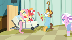 Size: 2880x1620 | Tagged: safe, alternate version, anonymous artist, big macintosh, doctor horse, doctor stable, fluttershy, nurse sweetheart, oc, oc:late riser, earth pony, pegasus, pony, unicorn, series:fm holidays, g4, baby, baby pony, bags under eyes, bed, colt, face mask, female, five o'clock shadow, gloves, gritted teeth, holding hooves, hoof gloves, hoof hold, hospital, hospital gown, lineless, male, mare, mask, nervous, newborn, no pupils, offspring, onomatopoeia, parent:big macintosh, parent:fluttershy, parents:fluttermac, question mark, rubber gloves, ship:fluttermac, shipping, sleeping, sound effects, stallion, straight, sweat, upside down, zzz