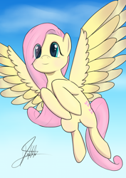 Size: 1280x1810 | Tagged: safe, artist:theh0osst, fluttershy, pegasus, pony, g4, eye clipping through hair, female, flying, hooves to the chest, mare, outdoors, sky, sky background, smiling, solo, spread wings, wings