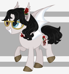 Size: 2225x2385 | Tagged: safe, artist:mint-light, artist:thieeur-nawng, oc, oc only, oc:crimson tide, bat pony, pony, abstract background, base used, bat pony oc, bat wings, colored hooves, glasses, grin, high res, raised hoof, smiling, solo, wings