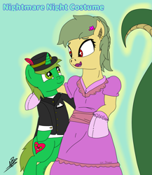 Size: 2547x2932 | Tagged: safe, artist:shappy the lamia, oc, oc:shappy, earth pony, hybrid, lamia, original species, pony, unicorn, semi-anthro, arm hooves, black suit, brooch, carrying, clothes, commission, costume, dress, dress suit, elegant, eye contact, fangs, feather, fellowship is magic, gloves, green eyes, hairstyle, halloween, halloween costume, happy, hat, heart, high res, holiday, hug, long tail, looking at each other, nightmare night, nightmare night costume, pigtails, pink dress, prince, princess, red eyes, shiny, slit pupils, smiling, snake eyes, snake tail, socks, spooky, suit