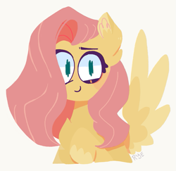 Size: 651x634 | Tagged: safe, artist:freakyghostbed, fluttershy, pegasus, pony, g4, bust, chest fluff, ear fluff, female, looking at you, mare, portrait, simple background, smiling, solo, spread wings, three quarter view, white background, wings