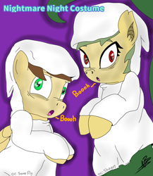 Size: 1959x2256 | Tagged: safe, artist:shappy the lamia, oc, oc:shappy, earth pony, ghost, ghost pony, hybrid, lamia, original species, pegasus, pony, undead, semi-anthro, arm hooves, bed sheets, brown mane, clothes, commission, costume, dirty, fangs, friendship, ghost costume, green eyes, green mane, halloween, halloween costume, holiday, hood, hooves, long tail, nightmare night, nightmare night costume, red eyes, scaring, scary face, slit pupils, snake eyes, snake tail, spooky, trick or treat